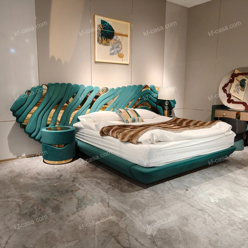 Teal Velvet Wave Bed Inspired by Green Apple Design with Matching bedside table